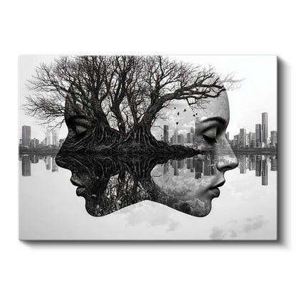 Zihin Ormanı - İnsan Yüzleri ve Ağaç Dallarının Birleştiği Şehir Manzarası Kanvas Tablo