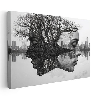 Zihin Ormanı - İnsan Yüzleri ve Ağaç Dallarının Birleştiği Şehir Manzarası Kanvas Tablo