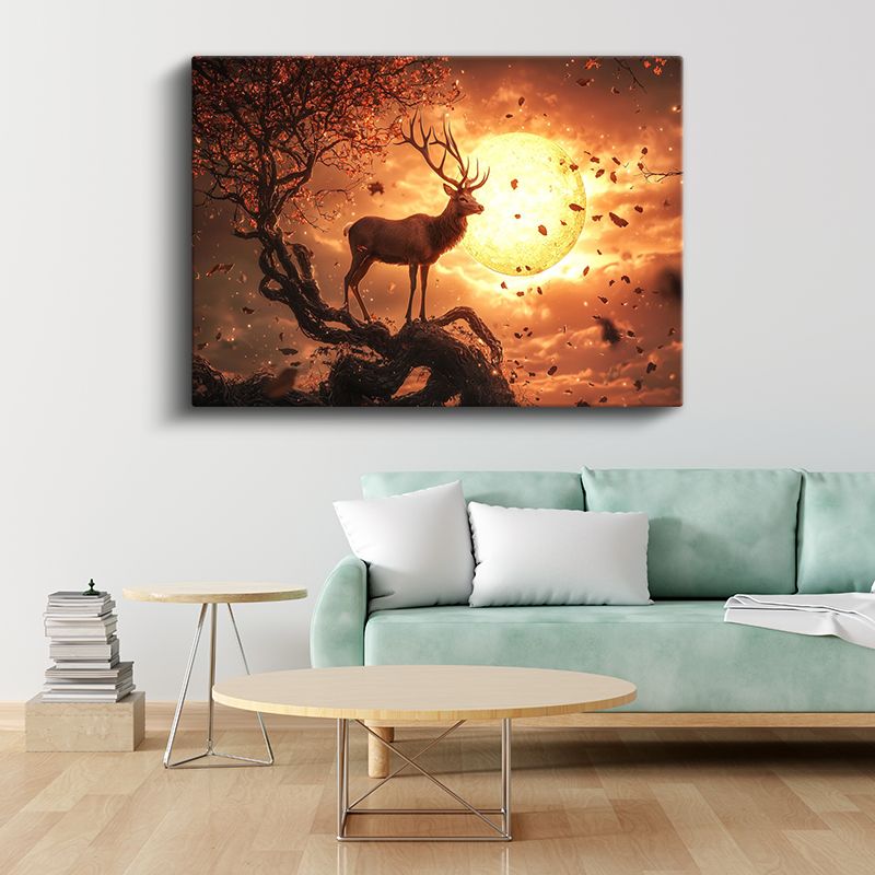 Alev Ay - Gün Batımında Ağaç Üzerindeki Asil Geyik Kanvas Tablo