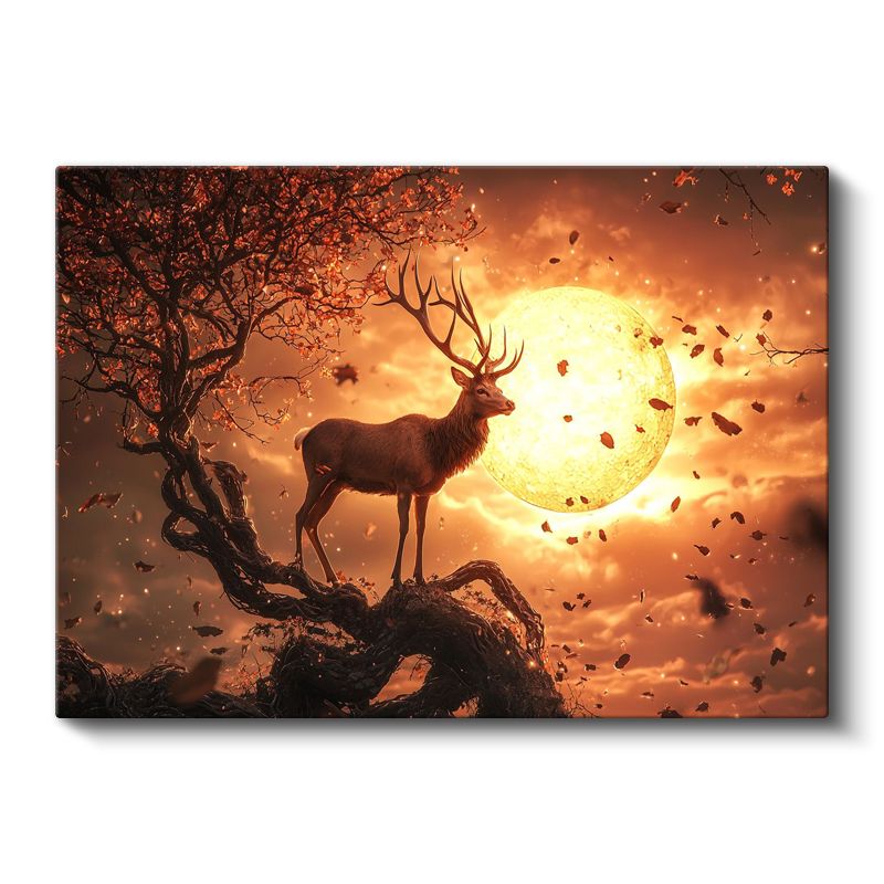 Alev Ay - Gün Batımında Ağaç Üzerindeki Asil Geyik Kanvas Tablo