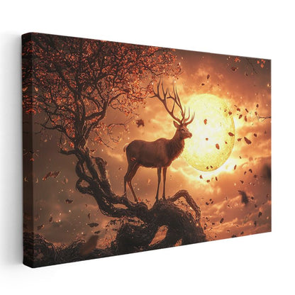 Alev Ay - Gün Batımında Ağaç Üzerindeki Asil Geyik Kanvas Tablo