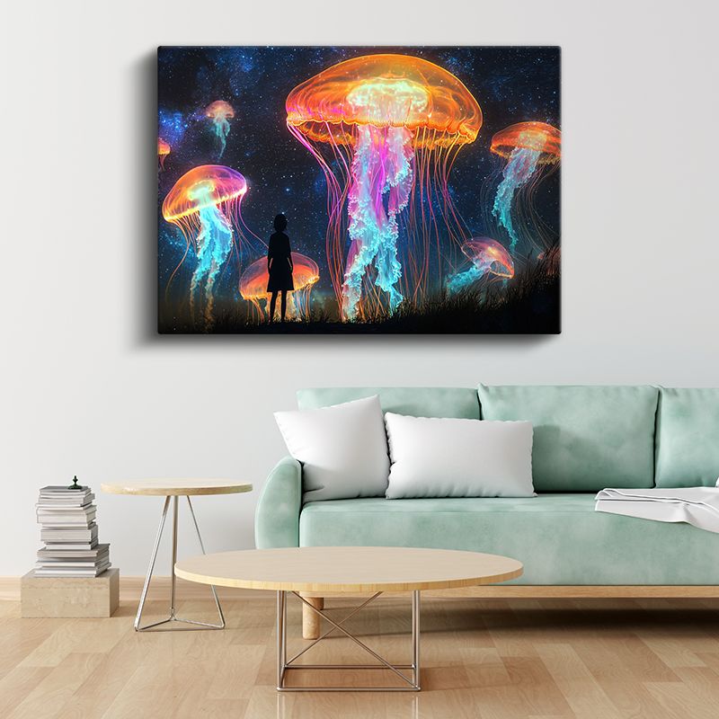 Kozmik Denizaltı - Işıldayan Denizanalarının Dansını İzleyen Yolcu Kanvas Tablo