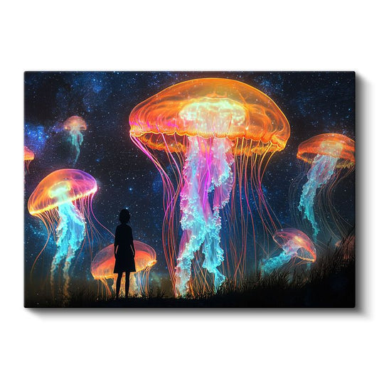 Kozmik Denizaltı - Işıldayan Denizanalarının Dansını İzleyen Yolcu Kanvas Tablo