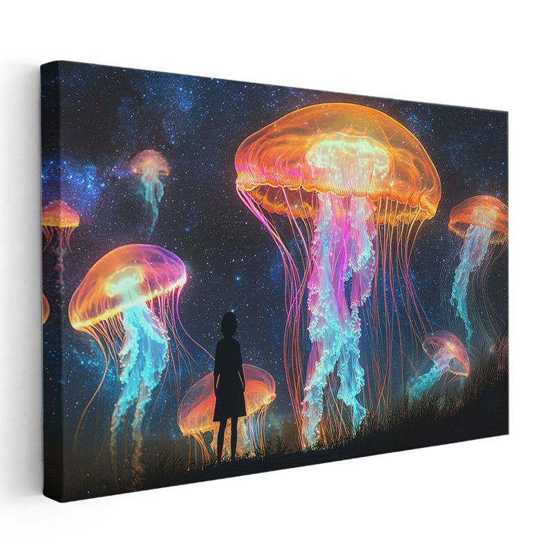 Kozmik Denizaltı - Işıldayan Denizanalarının Dansını İzleyen Yolcu Kanvas Tablo