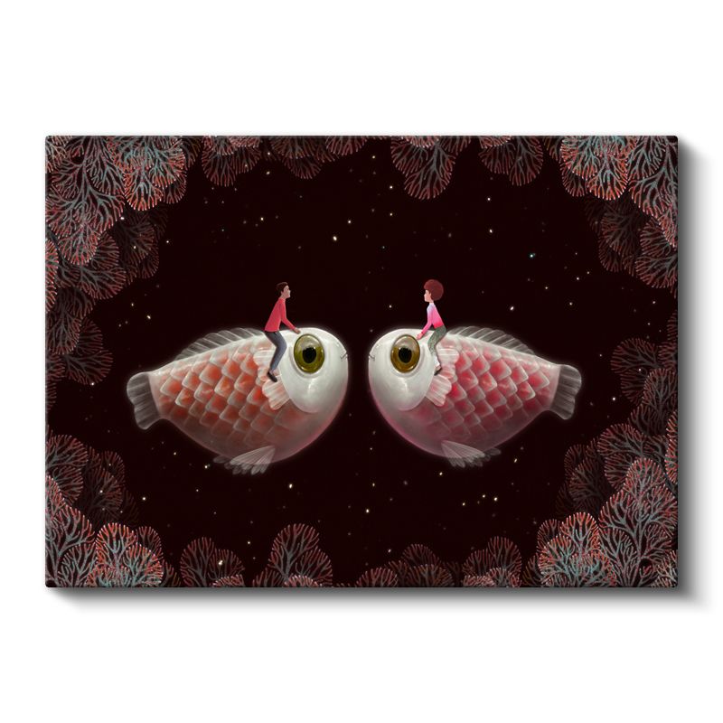 Yıldız Balıkları - Karşılıklı Duran Balıklar Üzerindeki Aşıklar Kanvas Tablo