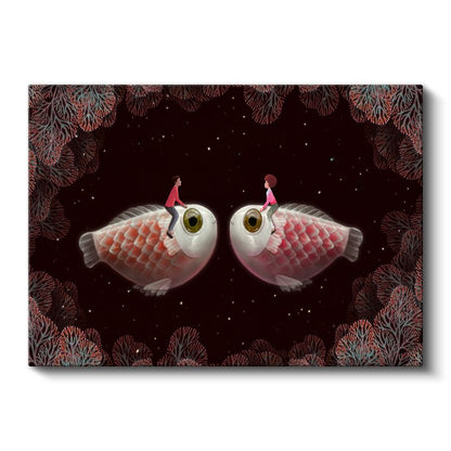 Yıldız Balıkları - Karşılıklı Duran Balıklar Üzerindeki Aşıklar Kanvas Tablo
