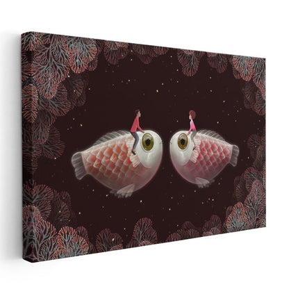 Yıldız Balıkları - Karşılıklı Duran Balıklar Üzerindeki Aşıklar Kanvas Tablo