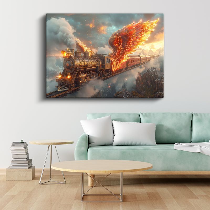 Ateş Kanatları - Bulutların Üzerinde Süzülen Alev Almış Buharlı Tren Kanvas Tablo