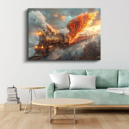 Ateş Kanatları - Bulutların Üzerinde Süzülen Alev Almış Buharlı Tren Kanvas Tablo