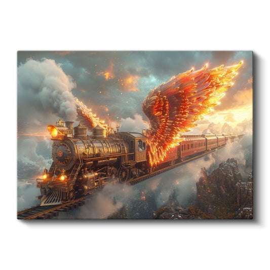 Ateş Kanatları - Bulutların Üzerinde Süzülen Alev Almış Buharlı Tren Kanvas Tablo