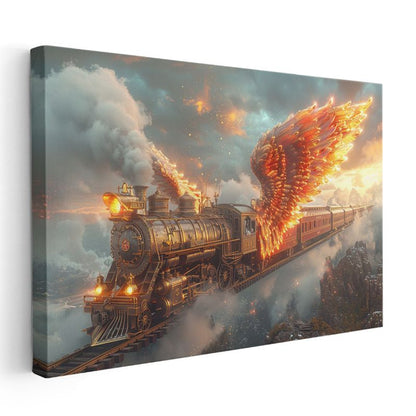 Ateş Kanatları - Bulutların Üzerinde Süzülen Alev Almış Buharlı Tren Kanvas Tablo