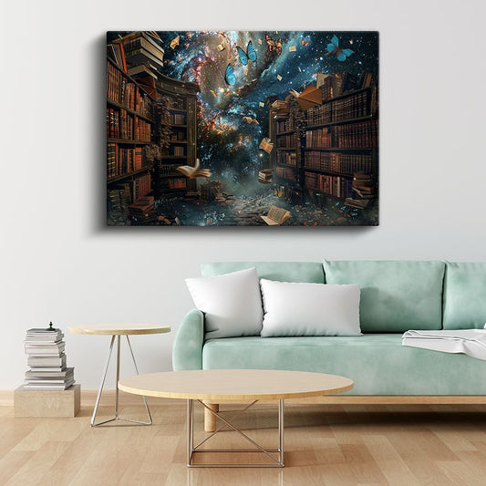 Kozmik Kütüphane - Kitaplar Arasında Uçuşan Kelebeklerle Evrenin Sırları Kanvas Tablo