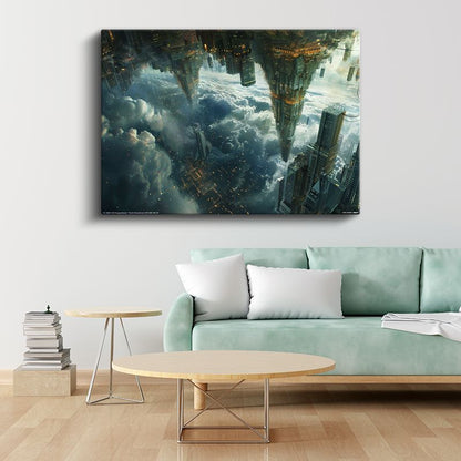 Yerçekimsiz Metropol - Bulutların Üzerinde Asılı Duran Şehir Silueti Kanvas Tablo