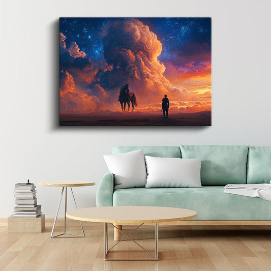 Gökyüzü Yolcuları - Alev Renkli Bulutlar Arasında At ve İnsan Silüeti Kanvas Tablo