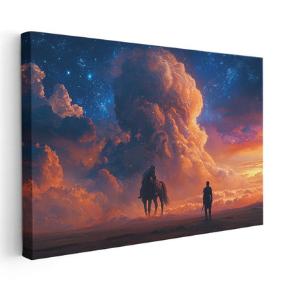 Gökyüzü Yolcuları - Alev Renkli Bulutlar Arasında At ve İnsan Silüeti Kanvas Tablo