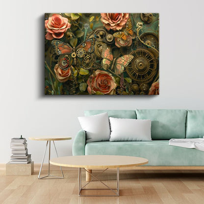 Mekanik Metamorfoz - Çarklar ve Dişlilerden Oluşan Kelebek Bahçesi Kanvas Tablo