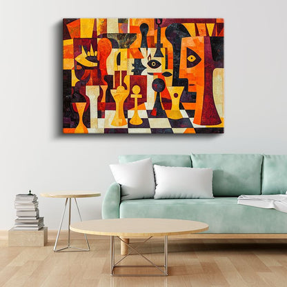 Zihin Satranç Tahtası - Geometrik Formlarla Soyutlanmış Yüzler Kanvas Tablo