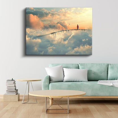 Bulutların Köprüsü - Gökyüzünde Yürüyen Yalnız Figür Kanvas Tablo