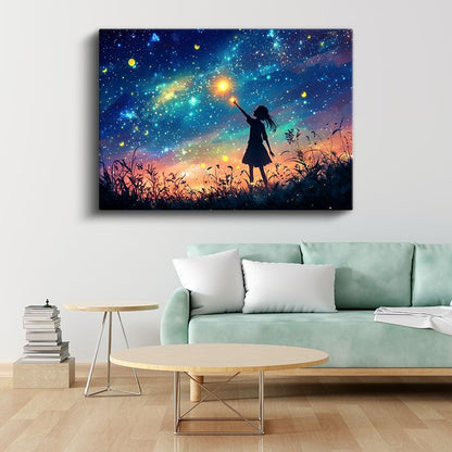 Yıldız Avcısı - Kozmik Işıkları Yakalamaya Çalışan Çocuk Silüeti Kanvas Tablo