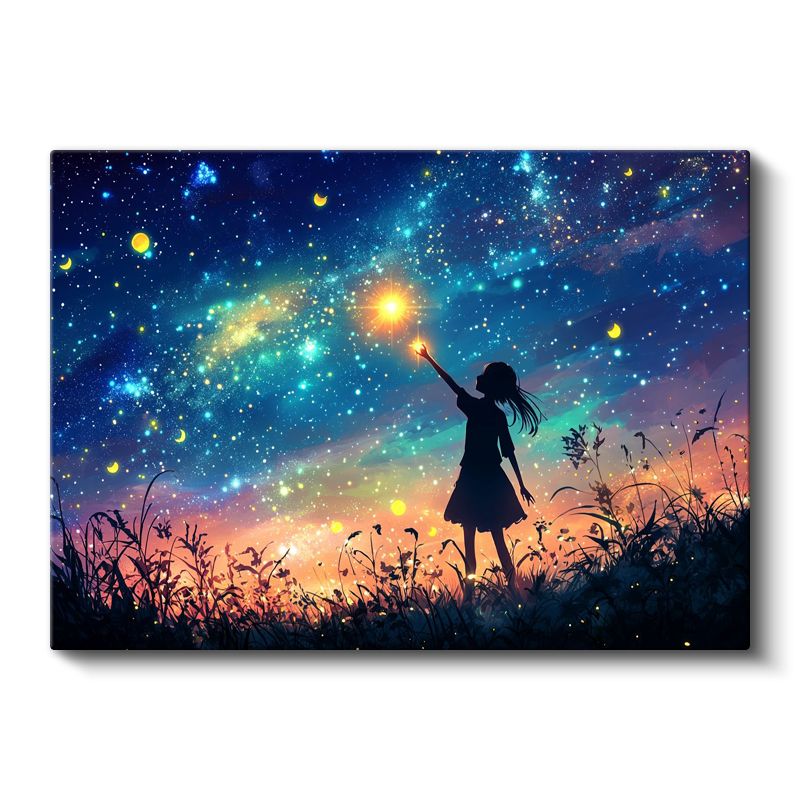 Yıldız Avcısı - Kozmik Işıkları Yakalamaya Çalışan Çocuk Silüeti Kanvas Tablo