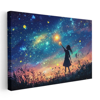 Yıldız Avcısı - Kozmik Işıkları Yakalamaya Çalışan Çocuk Silüeti Kanvas Tablo