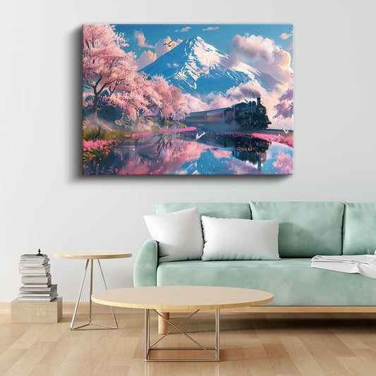 Rüya Treni - Kiraz Çiçekleri Arasında Mistik Yolculuk Kanvas Tablo