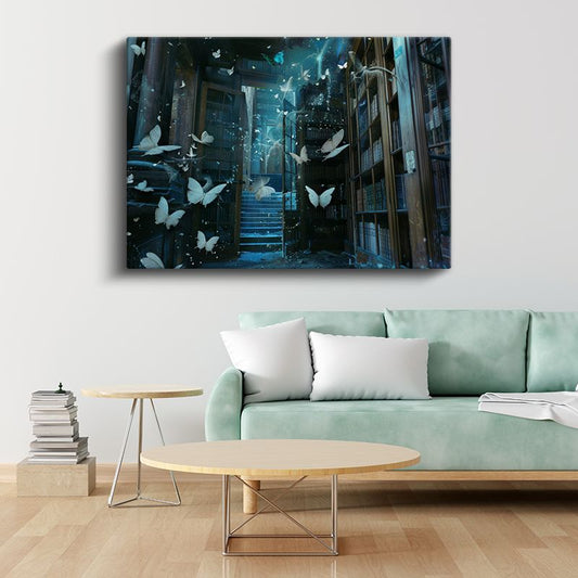 Bilgelik Kanatları - Kütüphanede Dans Eden Kelebekler Kanvas Tablo