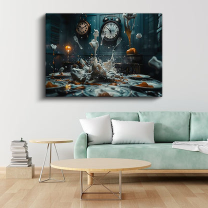 Zamanın Dansı - Havada Asılı Çatallar ve Saatlerle Sıçrayan Sıvı Kanvas Tablo