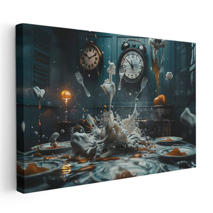Zamanın Dansı - Havada Asılı Çatallar ve Saatlerle Sıçrayan Sıvı Kanvas Tablo