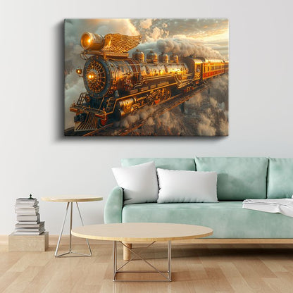 Gökyüzü Treni - Bulutlar Arasında Süzülen Altın Lokomotif Kanvas Tablo
