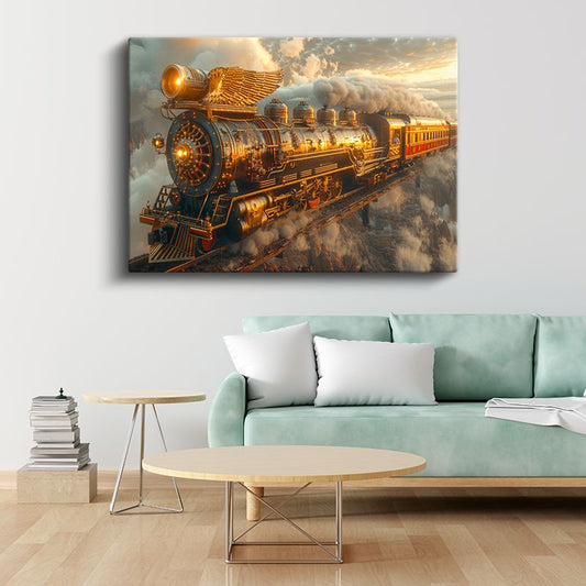 Gökyüzü Treni - Bulutlar Arasında Süzülen Altın Lokomotif Kanvas Tablo