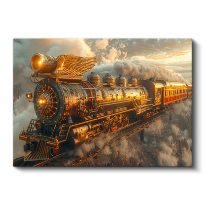 Gökyüzü Treni - Bulutlar Arasında Süzülen Altın Lokomotif Kanvas Tablo