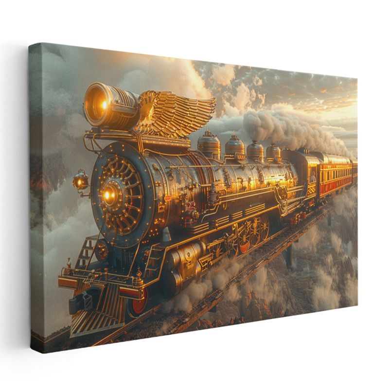 Gökyüzü Treni - Bulutlar Arasında Süzülen Altın Lokomotif Kanvas Tablo