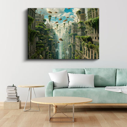 Yükselen Bahçeler - Havada Asılı Şemsiyeler ve Yeşil Şehir Kanvas Tablo