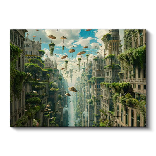 Yükselen Bahçeler - Havada Asılı Şemsiyeler ve Yeşil Şehir Kanvas Tablo