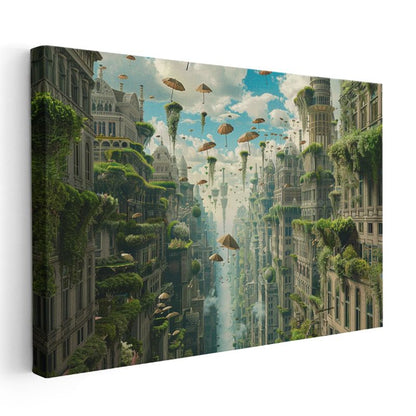 Yükselen Bahçeler - Havada Asılı Şemsiyeler ve Yeşil Şehir Kanvas Tablo