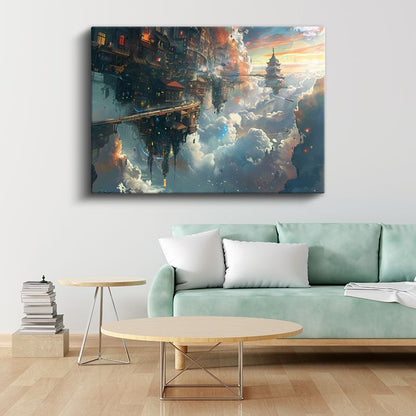 Asılı Krallık - Bulutlar Arasındaki Ters Şehir Kanvas Tablo