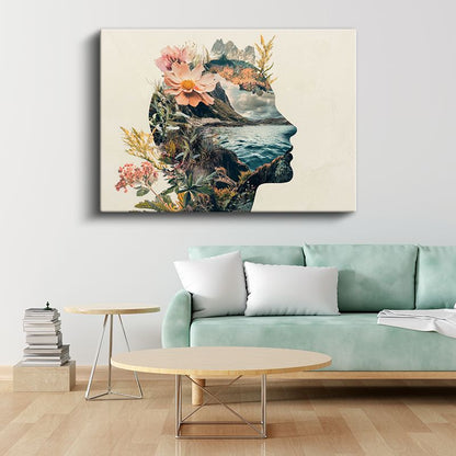 Zihin Bahçesi - İnsan Silüetinde Birleşen Doğa Kanvas Tablo