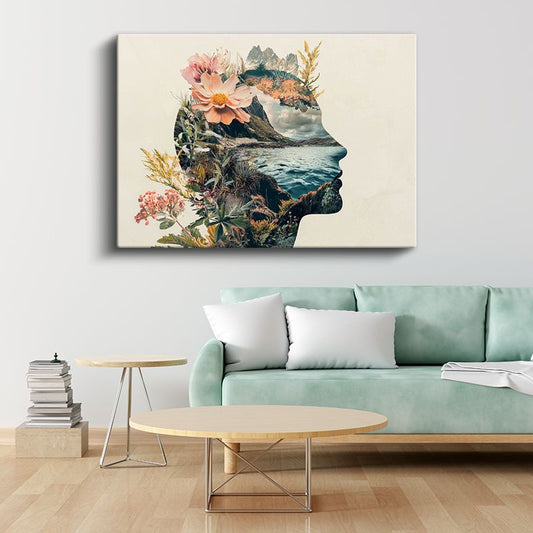 Zihin Bahçesi - İnsan Silüetinde Birleşen Doğa Kanvas Tablo