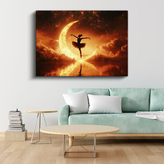 Ay Dansçısı - Altın Işıkta Süzülen Balet Silüeti Kanvas Tablo
