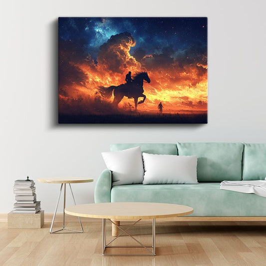 Ateş Süvarisi - Alev Gökyüzünde İlerleyen Binici Kanvas Tablo