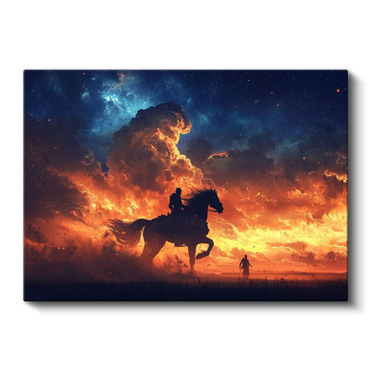 Ateş Süvarisi - Alev Gökyüzünde İlerleyen Binici Kanvas Tablo