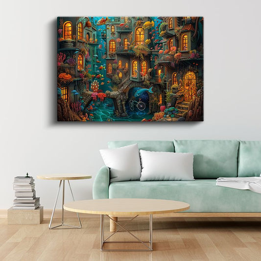Işıklı Sualtı Şehri - Renkli Balıklarla Çevrili Fantastik Mimari Kanvas Tablo