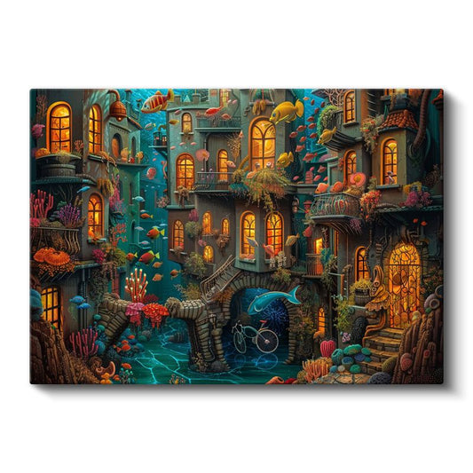 Işıklı Sualtı Şehri - Renkli Balıklarla Çevrili Fantastik Mimari Kanvas Tablo