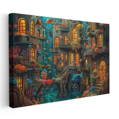 Işıklı Sualtı Şehri - Renkli Balıklarla Çevrili Fantastik Mimari Kanvas Tablo