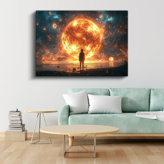 Kozmik Karşılaşma - Devasa Güneş Karşısında Duran İnsan Kanvas Tablo