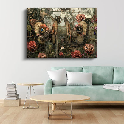 Mekanik Kelebekler - Dişliler ve Güllerle Örülü Yaşam Kanvas Tablo