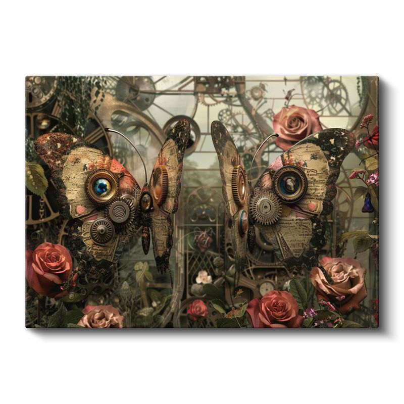 Mekanik Kelebekler - Dişliler ve Güllerle Örülü Yaşam Kanvas Tablo
