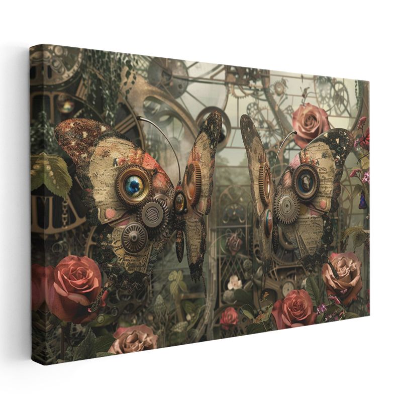 Mekanik Kelebekler - Dişliler ve Güllerle Örülü Yaşam Kanvas Tablo