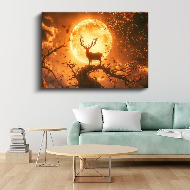 Geyik Silueti - Ateşin Dansında Yükselen Boynuzlar Kanvas Tablo